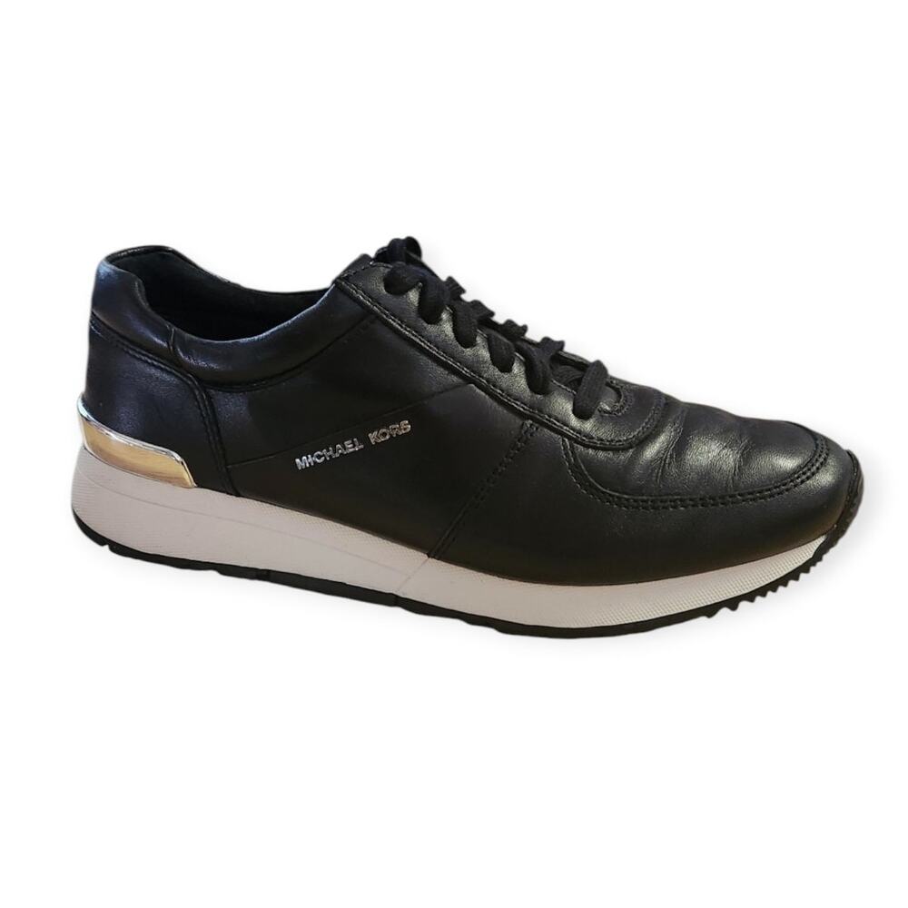 Michael Kors Allie Trainer Sneakers Black Leather Silver Accents Women Shoe Sz 8